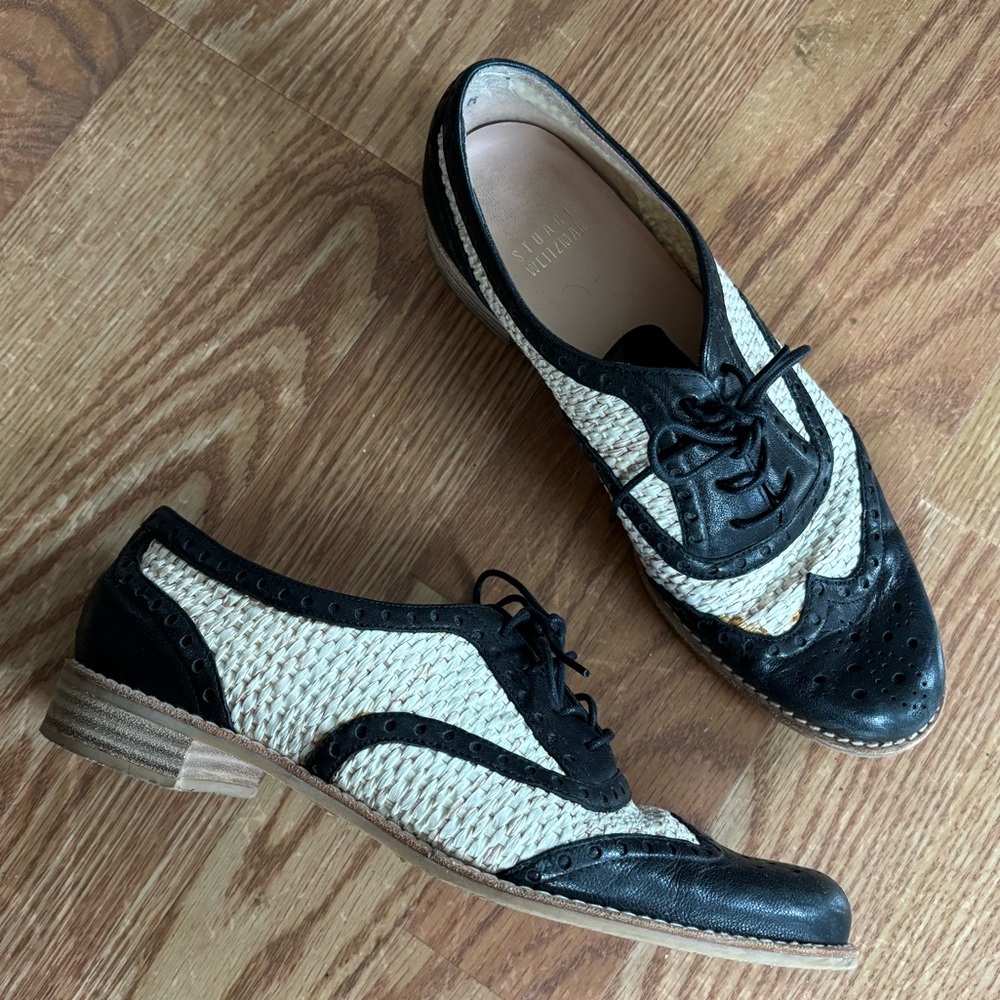 STUART WEITZMAN Black Leather & Woven Raffia Oxford Brogues Size 6